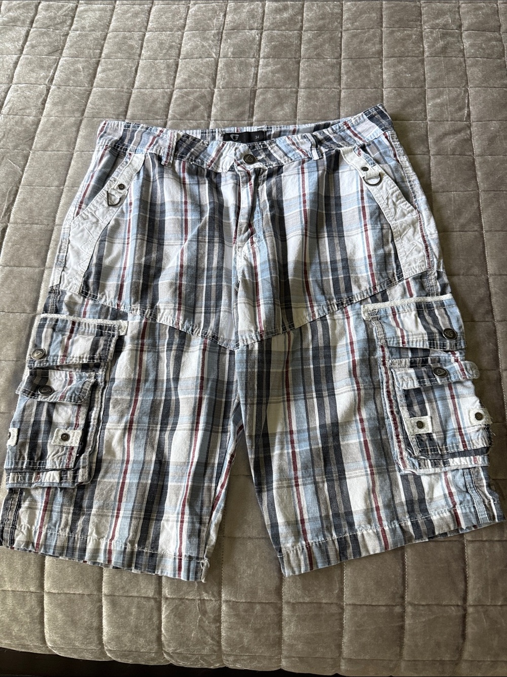 Men's Plaid Cargo Shorts - Blue Gray with Red Stripe